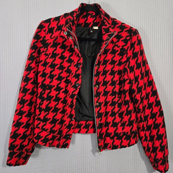 H&M Divided Womens Houndstooth Wool Blend Moto Jacket Size 10 Red & Black Preppy - Picture 1 of 7